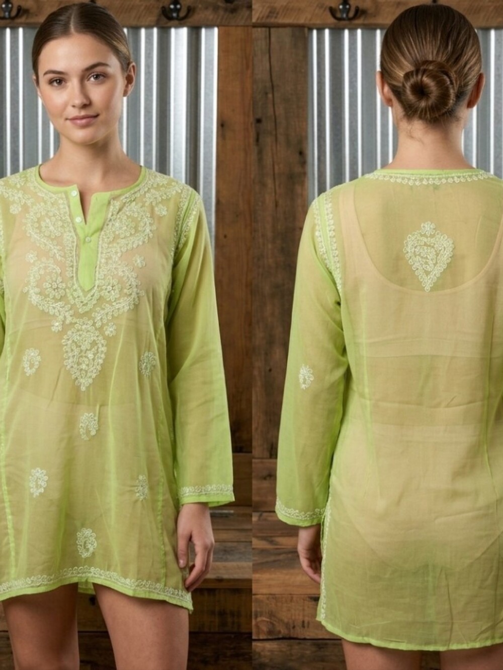 Pistachio Green Sheer Tunic Top S-M Embroidered Rhinestones